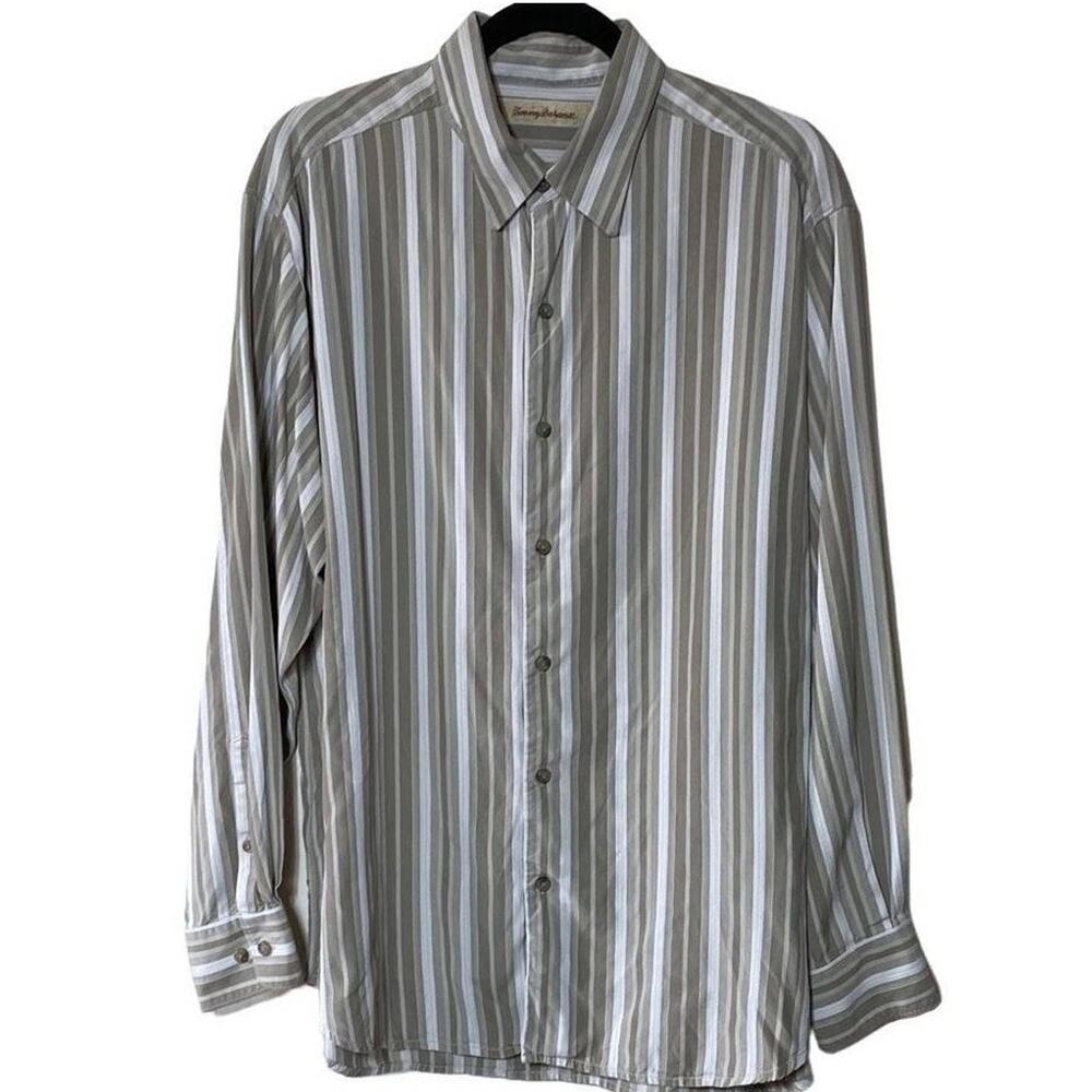 Tommy Bahama Mens Button Down Shirt Long Sleeve Stripes Silk Brown Large